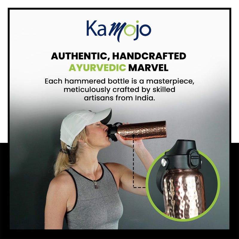 Kamojo Copper Water Bottle for Drinking - Hammered Pure Copper Water Bottle with Push Button Lid  Removable Insulating Sleeve & Copper Straw - Handcrafted Water Bottle Copper Cup 32 fl oz - Image 4